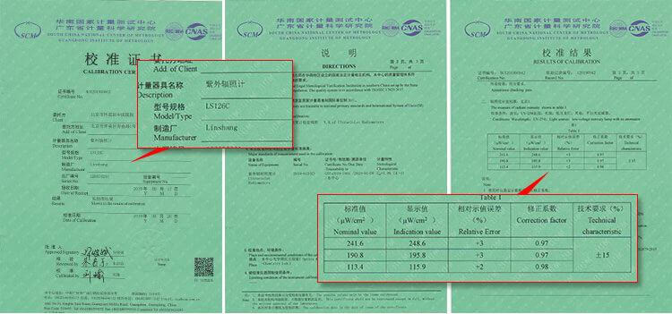 LS126C UV light meter calibration report